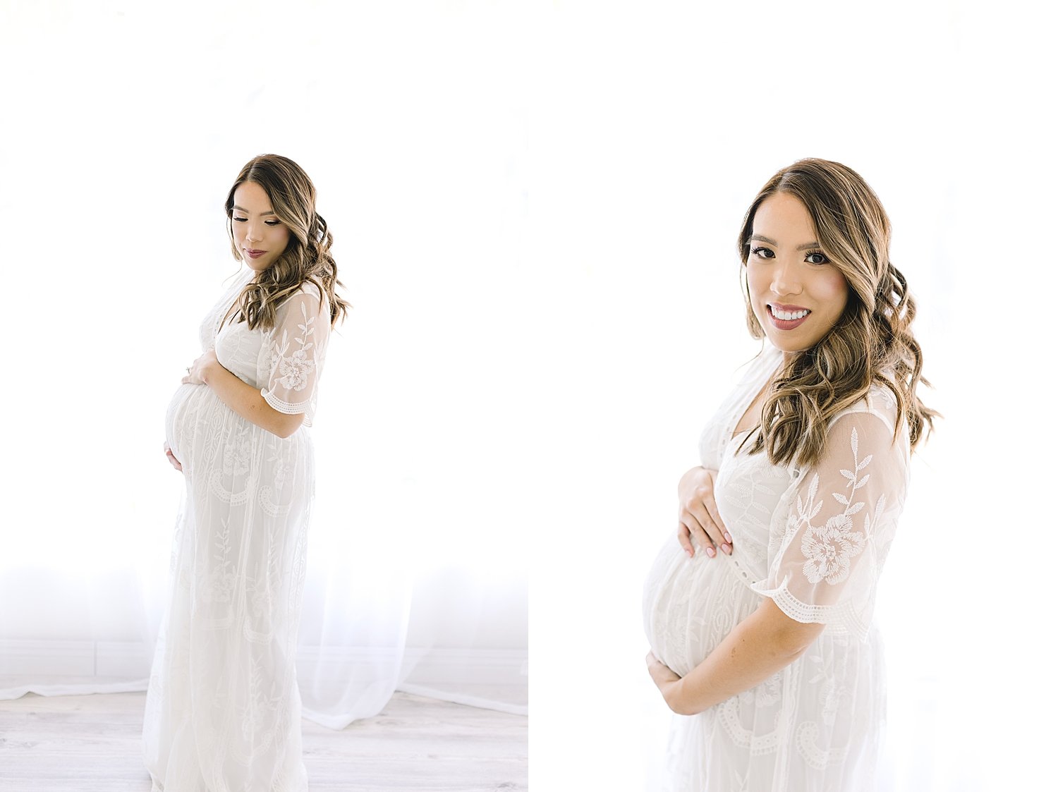 Mom in long white dress at maternity photoshoot with Ambre Williams Photography.
