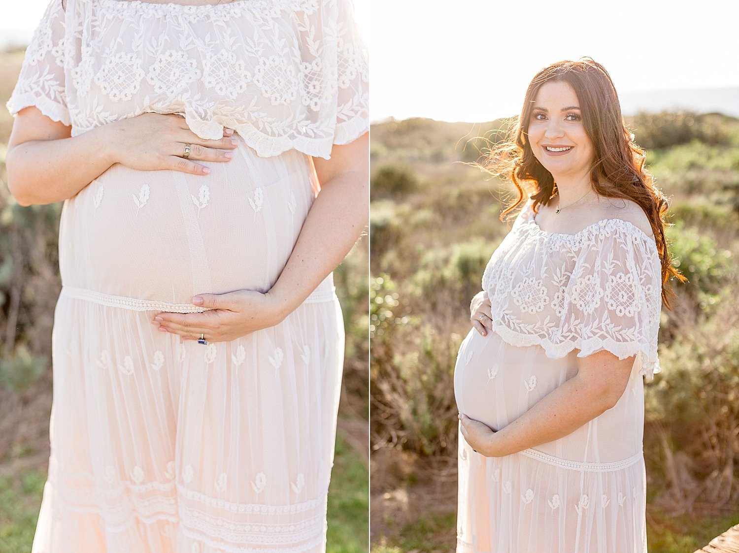 Pregnant mom wearing lace dress for photos with Ambre Williams Photography.