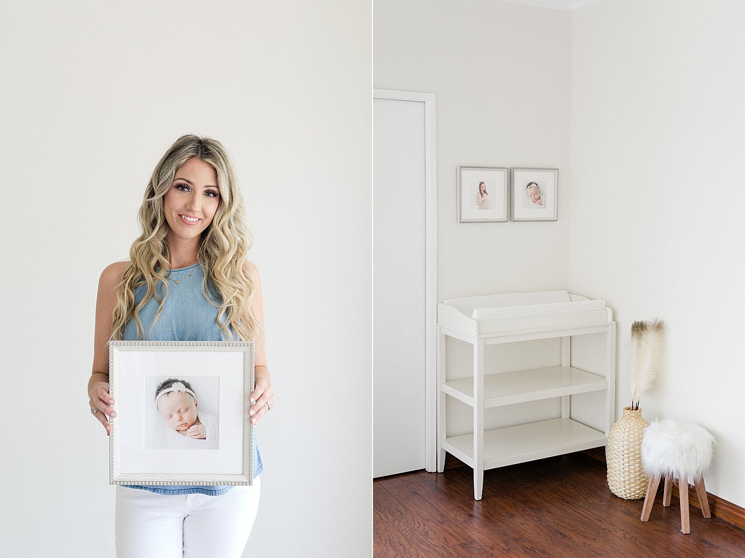 Newport beach photographer, Ambre Williams Photography, holding custom-designed frames for baby's nursery.