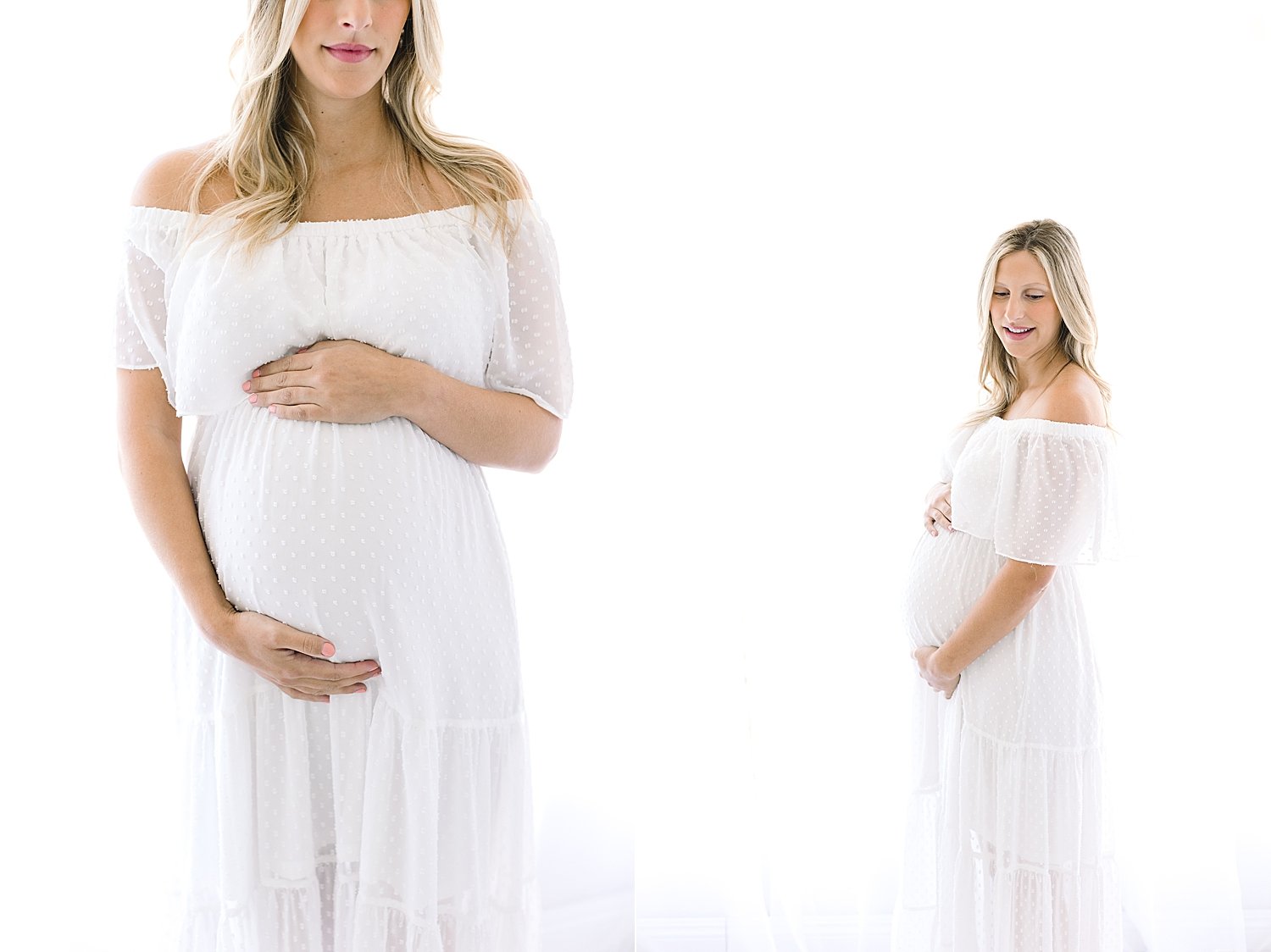 Mom wearing all white for studio maternity session in Newport Beach with Ambre Williams Photography.
