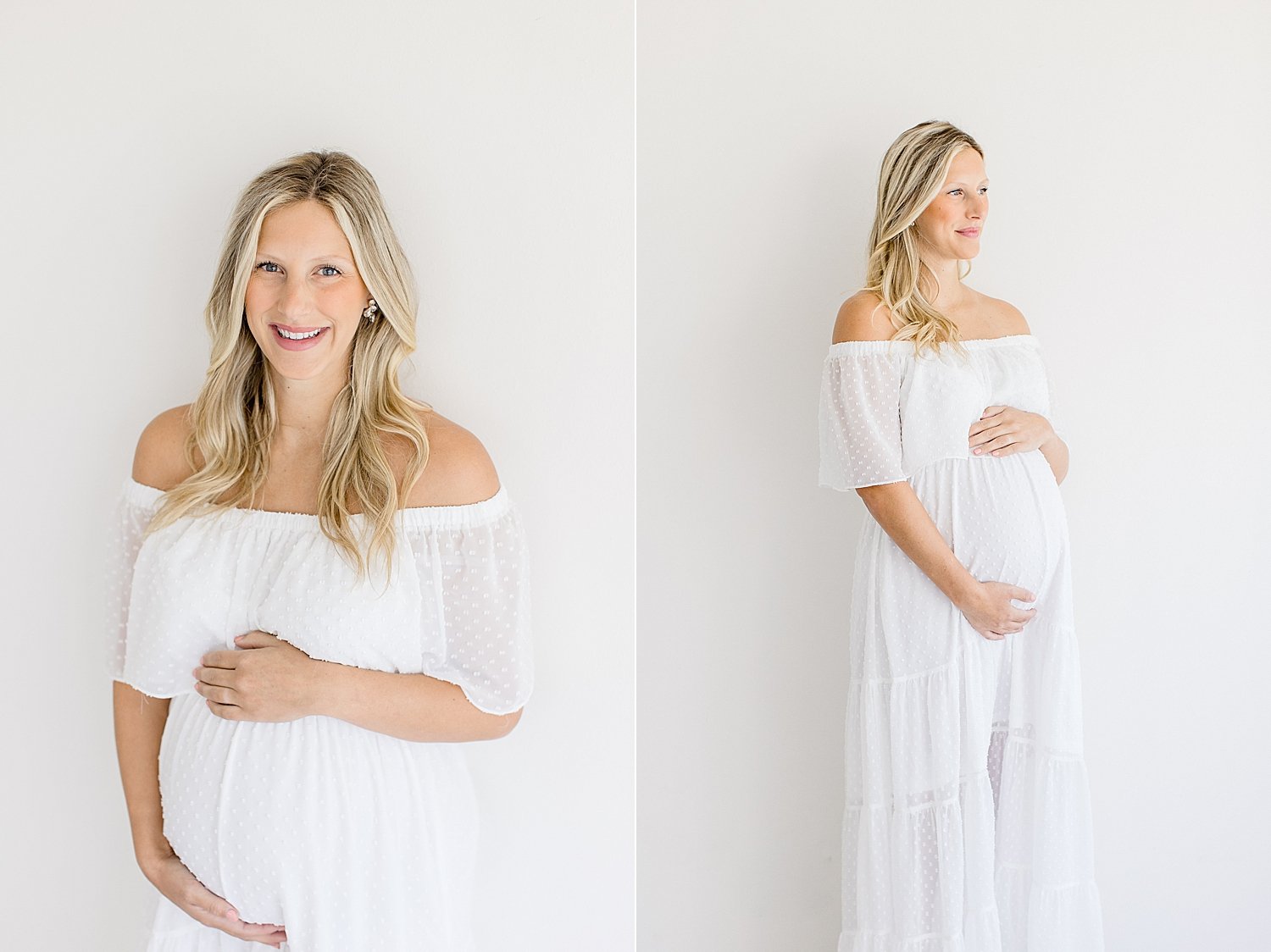 Mom wearing all white for studio maternity session in Newport Beach with Ambre Williams Photography.