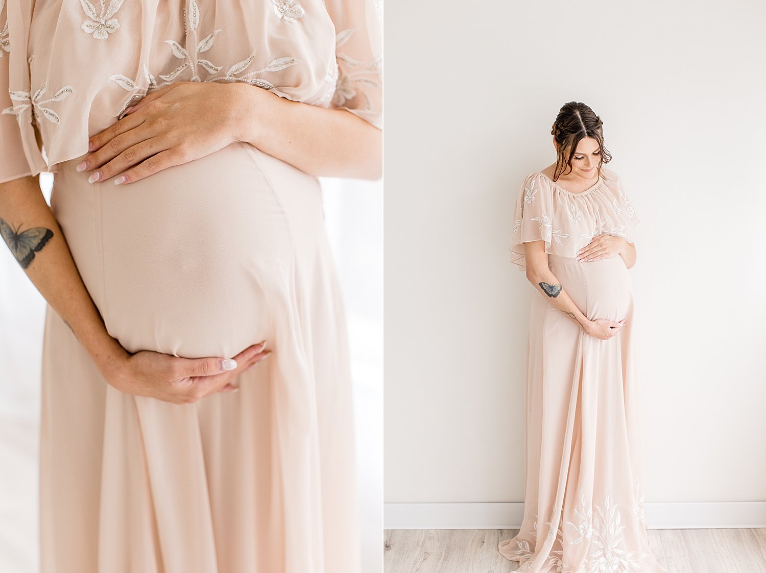 Intimate maternity session in beautiful long dress while mother holds belly with photographer Ambre Williams 