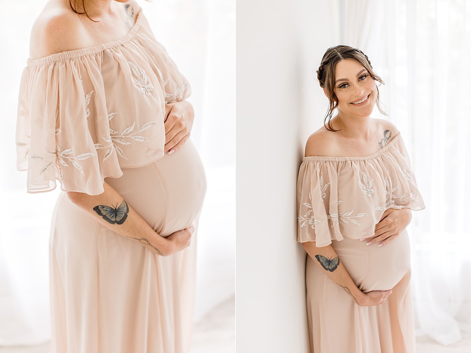 Smiling pregnant mother in long dress holding her belly for maternity session in Newport Beach with photographer Ambre Williams