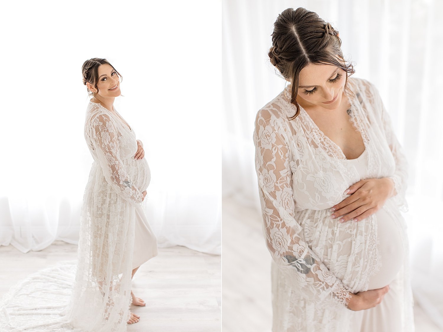 Pregnant mother glancing at belly in long sheer white dress for maternity session in Newport Beach with photographer Ambre Williams