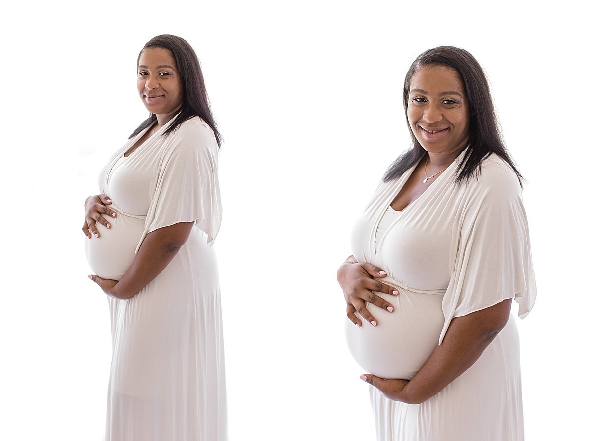 side by side photo during maternity session of pregnant momma in Newport Beach with Ambre Williams Photography