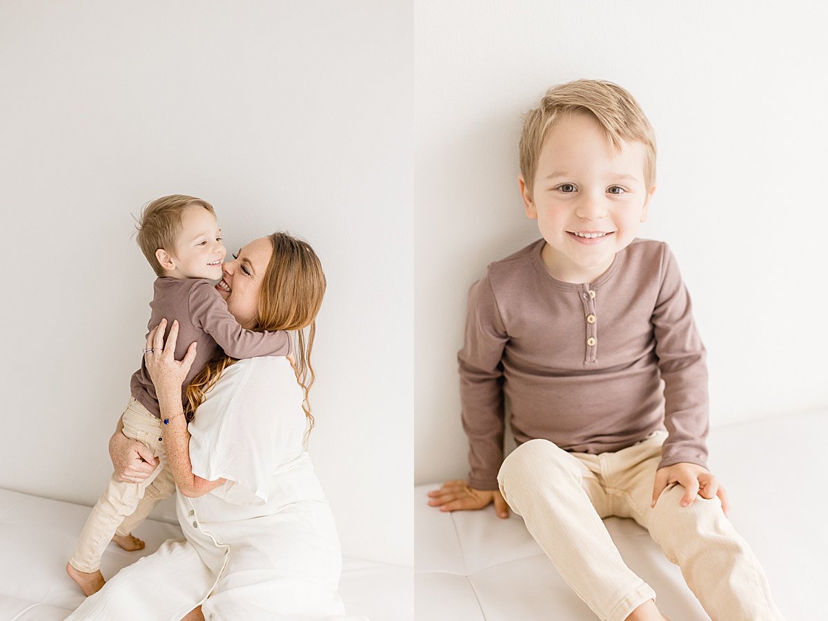 Mom hugging big brother during photo session with Ambre Williams Photography in Newport Beach