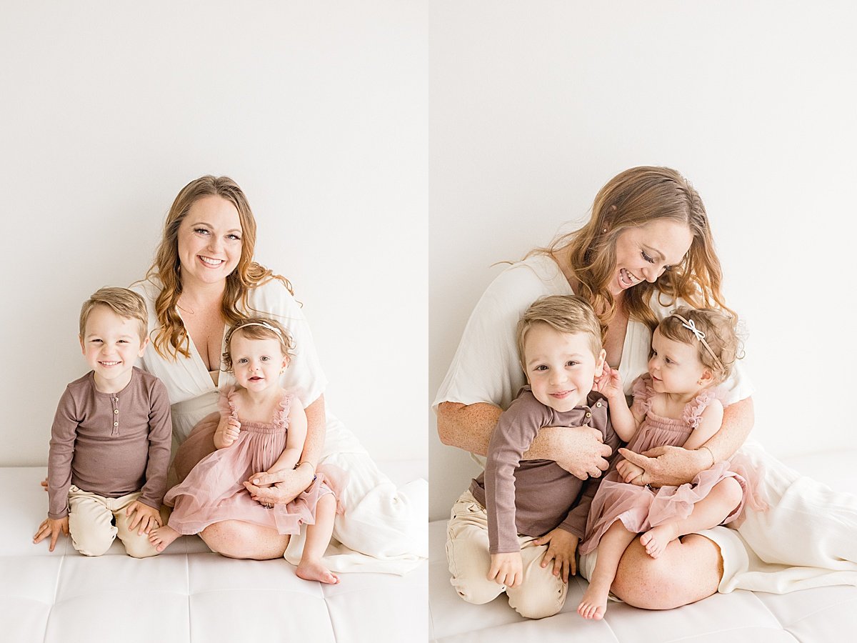 Family portrait session with beautiful Mama and her two children, one is a portrait, the other is a candid