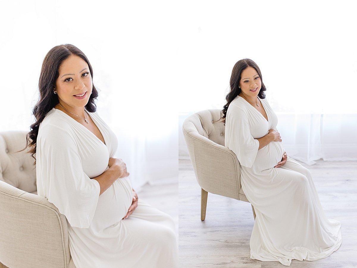 Mom sitting on chair during maternity studio session in Newport Beach