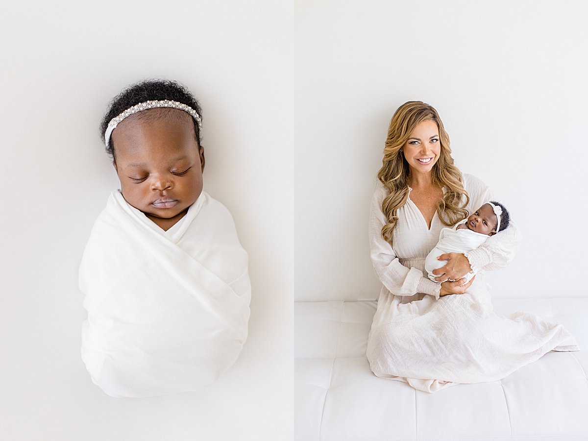 Newborn Daughter swaddled up during newborn session with Ambre Williams Photography | Mom smiling with baby daughter