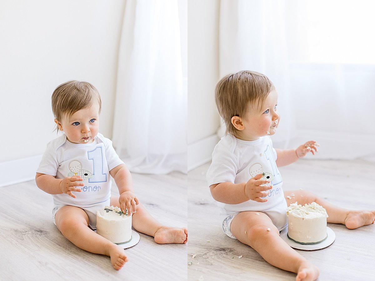 Candid portraits of baby eating his smash cake during photography session in Newport Beach with Ambre Williams