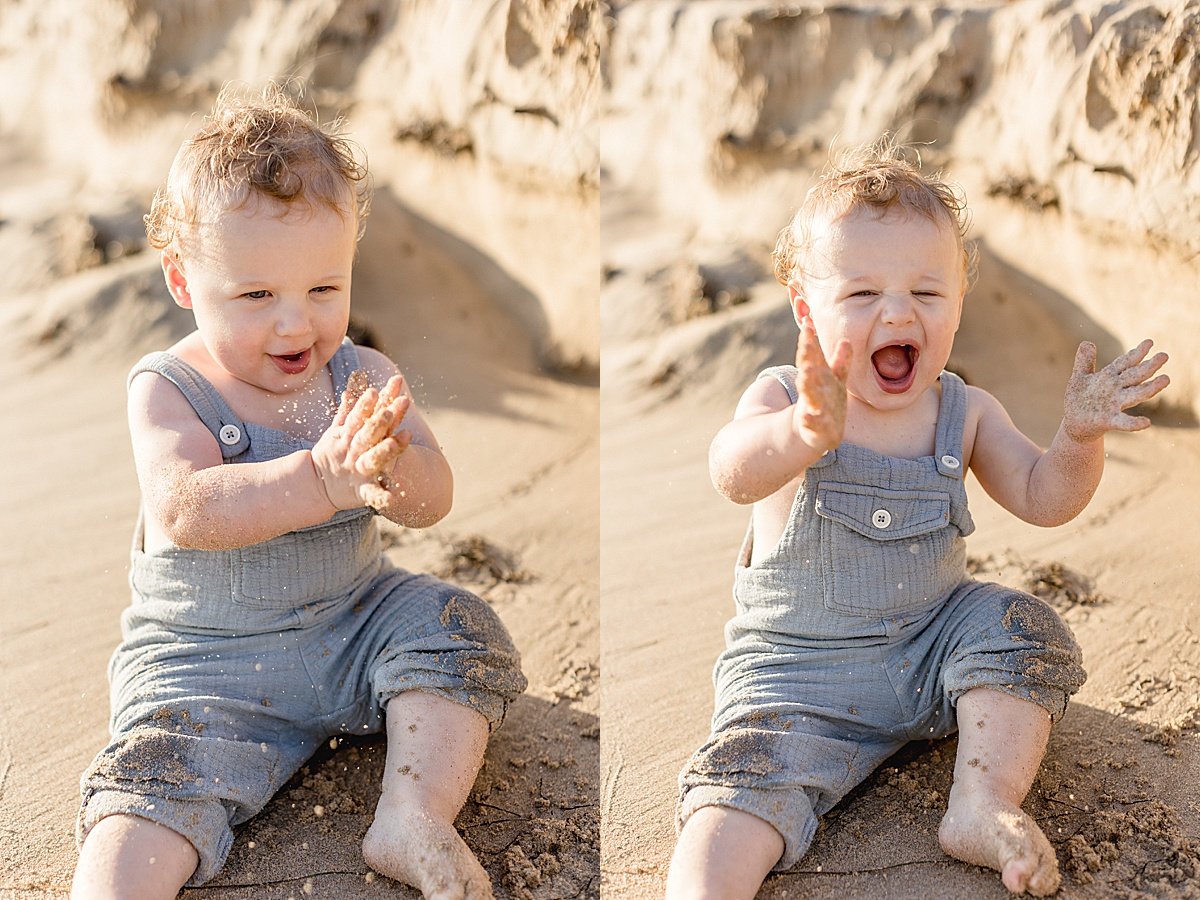 Happy baby boy playing in the sand at beach during sunset session in Newport Beach with Ambre Williams Photography