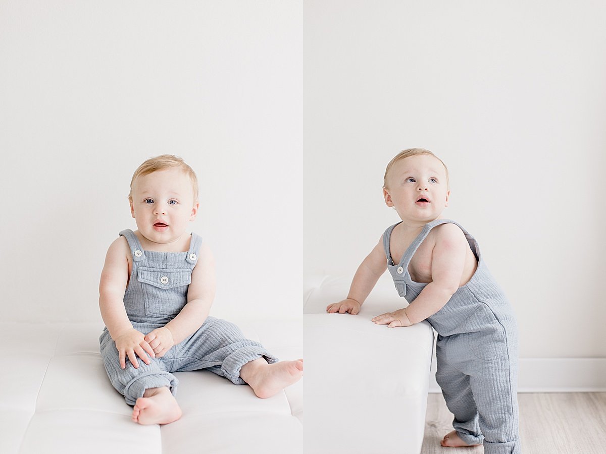 One-Year Old boy takes portraits during photo session with Ambre Williams Photography in Newport Beach Studio