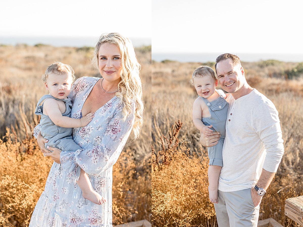 Single photos of Mom and Dad holding their happy son during sunset photo session on beach with Ambre Williams Photography