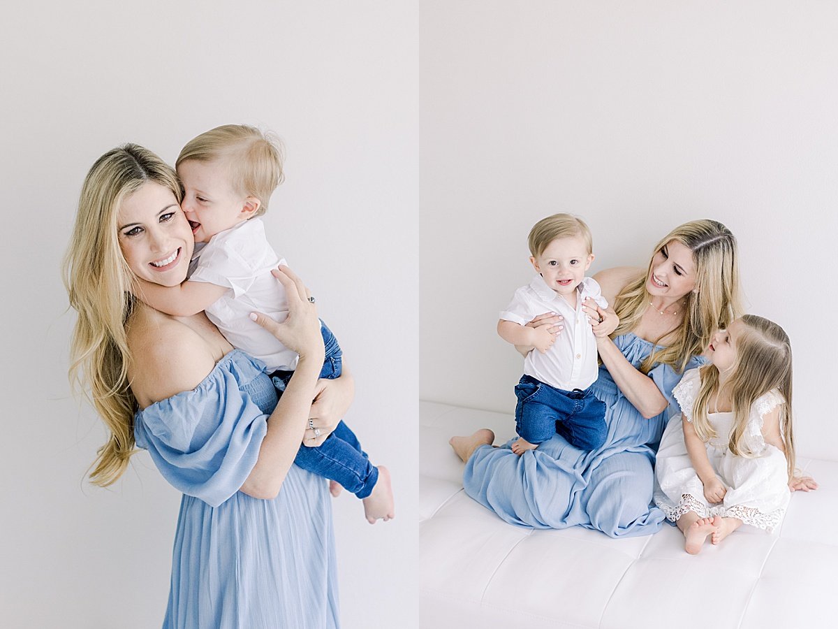 Duopic of Mom holding her toddler son during portrait session with grandparents | Ambre Williams Photography in California Studio