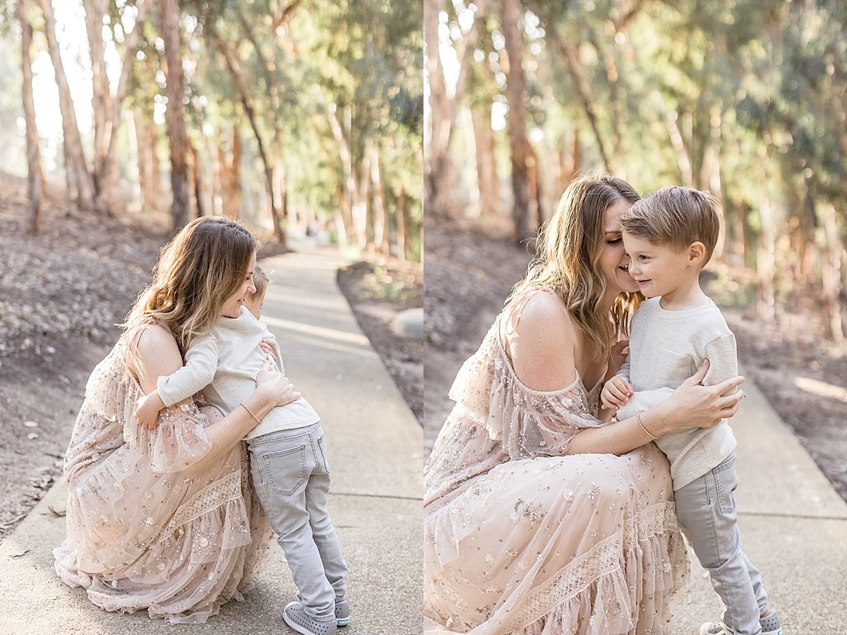 Mom hugging toddler son during Lake Forest outdoor session with Newport Beach Photographer Ambre Williams