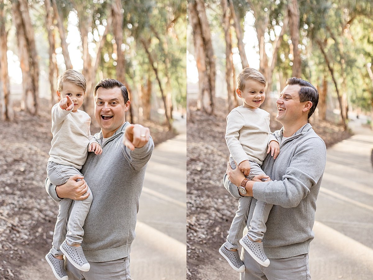 Father and Son playing together candid portrait in Lake Forest in Newport Beach with Ambre Williams Photography