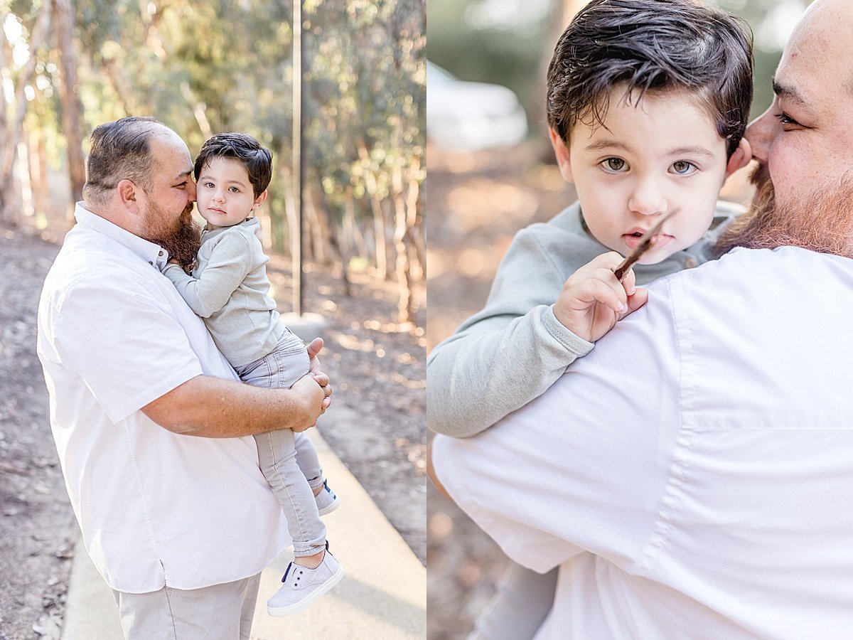 duopic of Dad and Son playing together during portrait session. Candid photos with Ambre Williams Photography in Lake Forest California