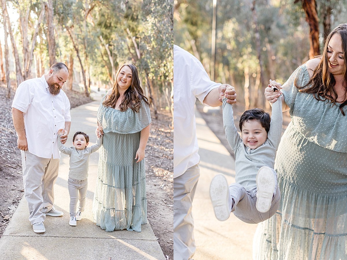 Mom and Dad playing with son during outdoor fall session in California Forest with Ambre Williams Photography