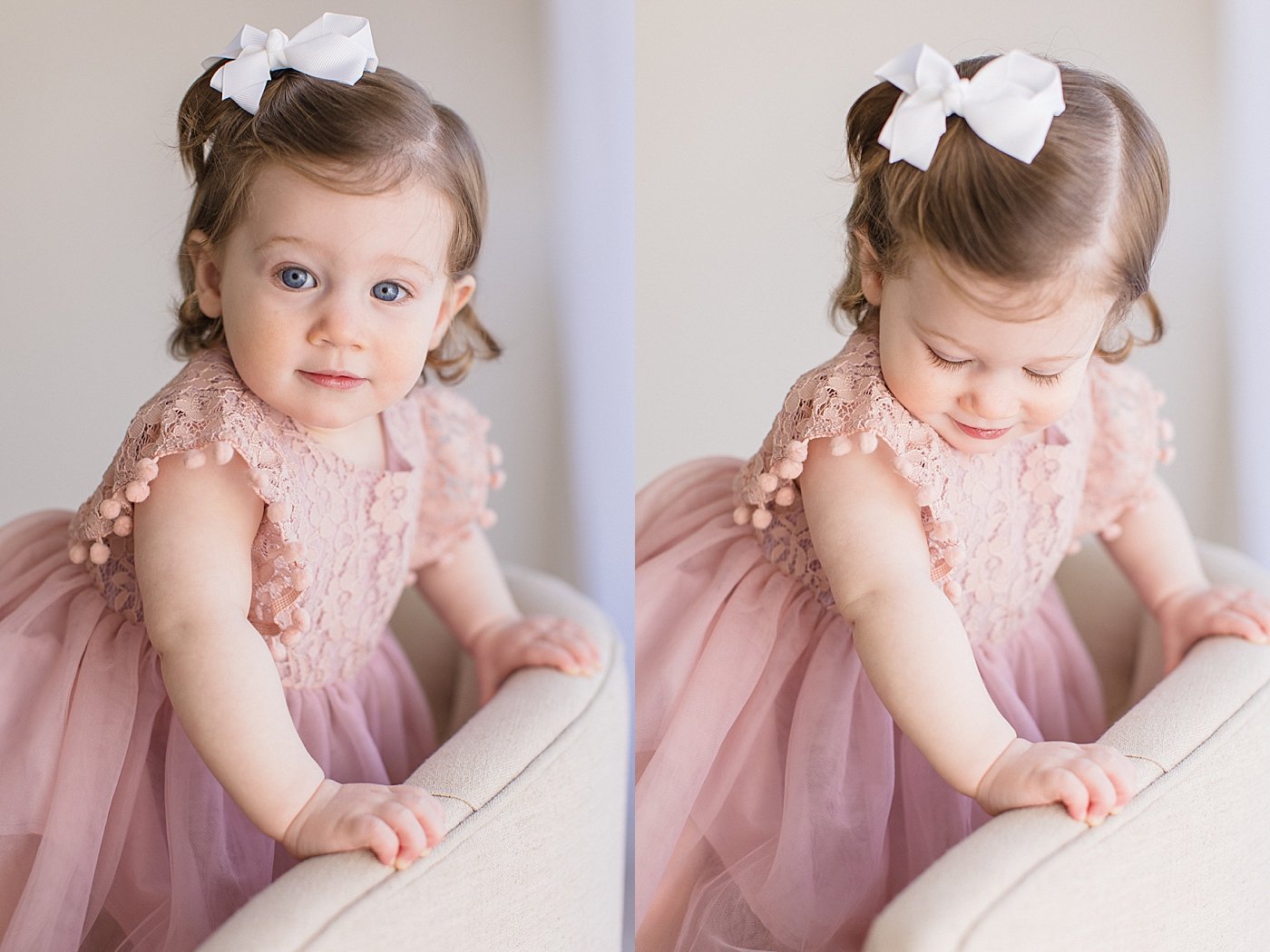 One year old girl in blush tulle dress | Ambre Williams Photography