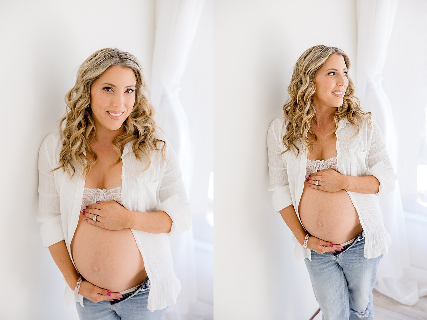 Expecting Mom in white shirt and jeans for maternity session | Ambre Williams Photography