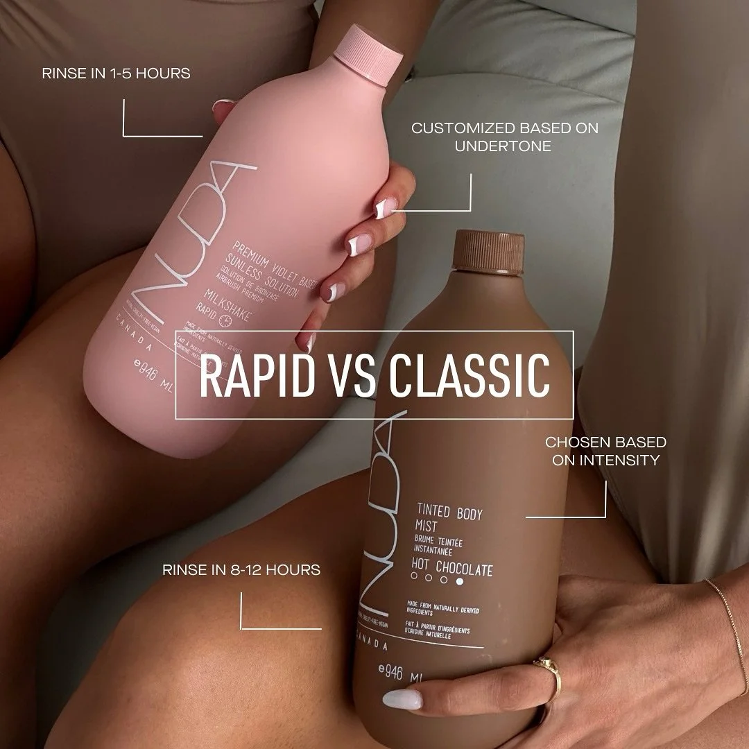 One of the most common questions we get is: What is the difference between a classic and rapid spray tan? 

When choosing which tan is best for you, it mostly comes down to rinse time! But we have put together a little list of the differences between