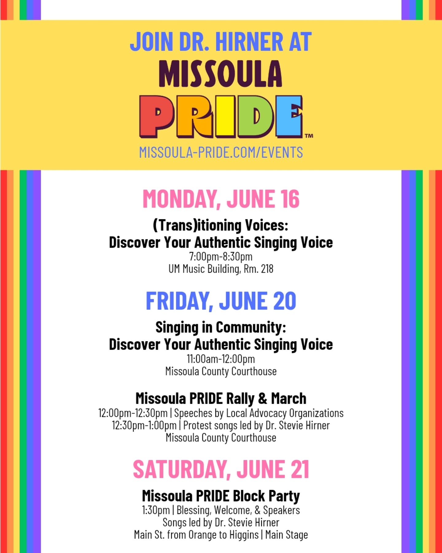 Next week, I am offering a workshop and leading music at a few FREE EVENTS for @missoulapride! I hope to see you there!

(Trans)itioning Voices: Discover Your Authentic Singing Voice &mdash; Monday, June 16, 7:00PM-8:30PM, MUS 218
Come and learn abou