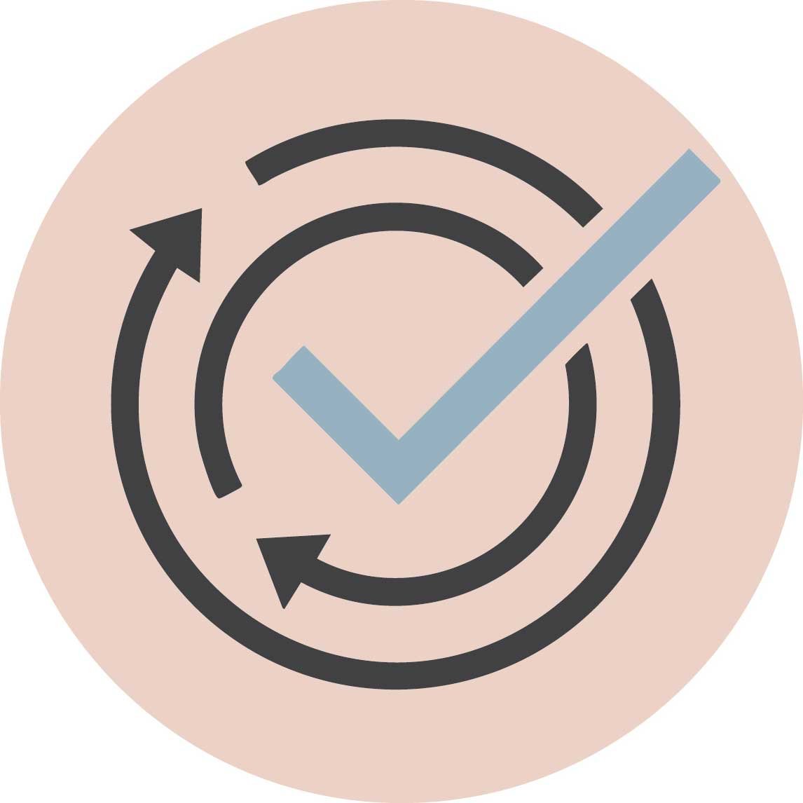 A circular icon with a clock face and arrows indicating a cycle, featuring a large checkmark over the clock.