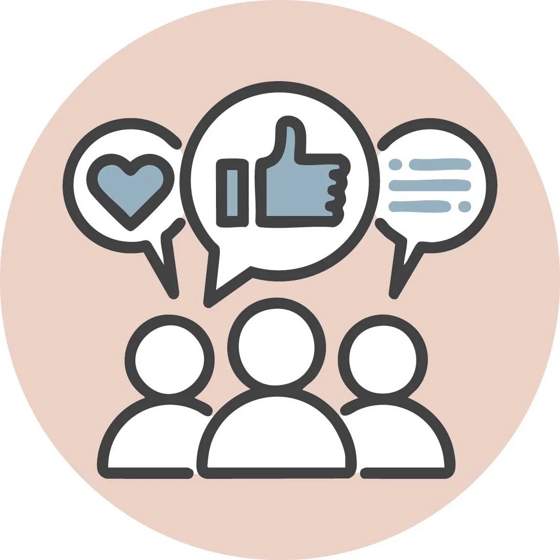 Three people discussing social media reactions, including likes, hearts, and comments.