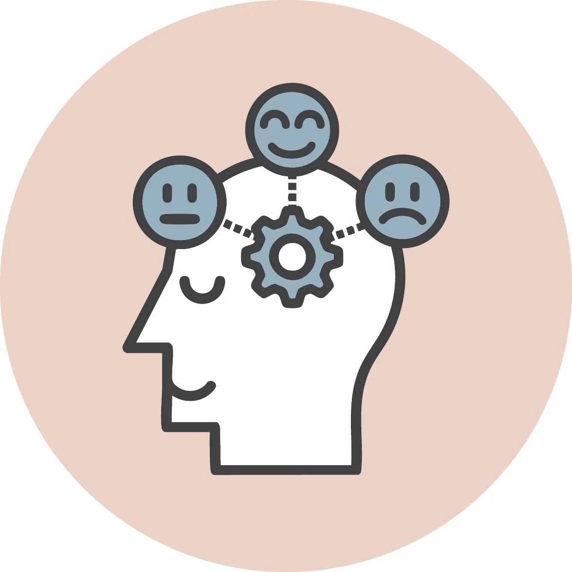 Illustration of a human head with a gear inside, connected to three emoticons representing happy, neutral, and sad moods, indicating emotional regulation or mental health.