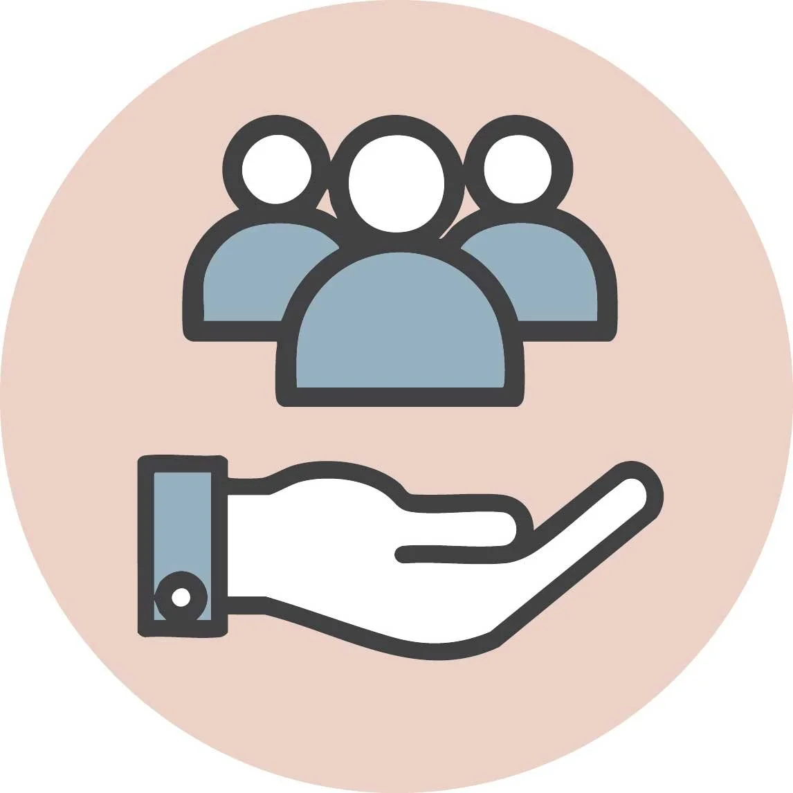 An icon of a hand holding a group of people representing community or support.