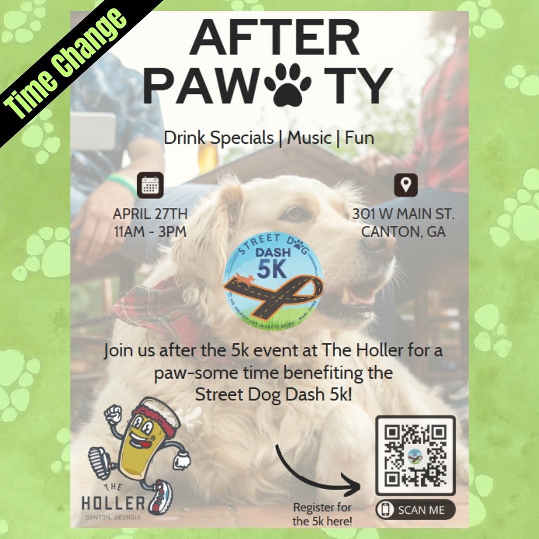 📢 Attention all runners and supporters! Please note that there has been a slight time change for the Street Dog Dash After-Party at The Holler. The festivities will now take place from 11:00 AM to 3:00 PM instead of the previously announced 11:30 AM