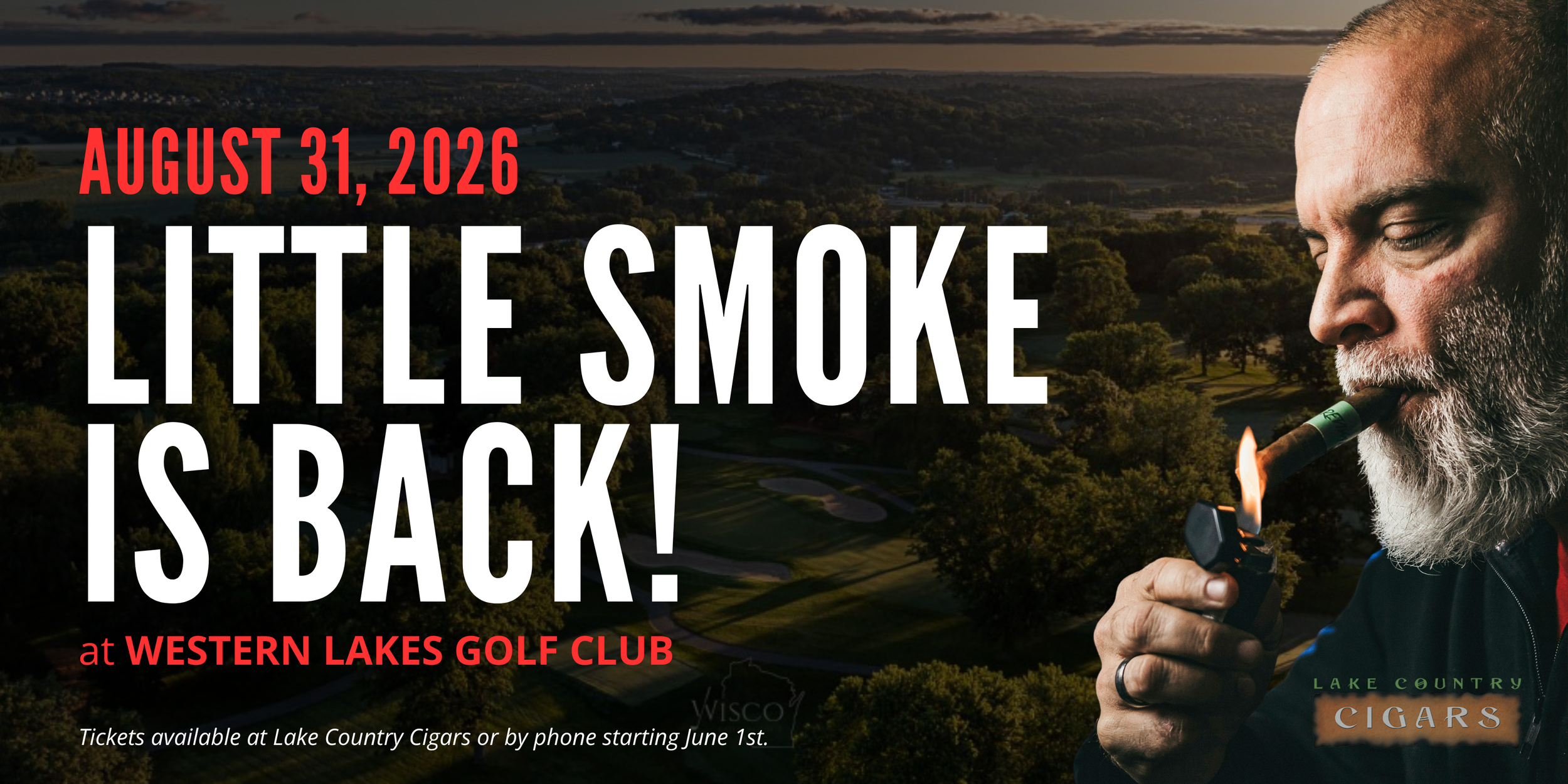 A man with a gray beard smoking a cigar outdoors with a golf course in the background at sunset, promoting an event at Western Lakes Golf Club on August 31, 2026, related to smoking cessation.