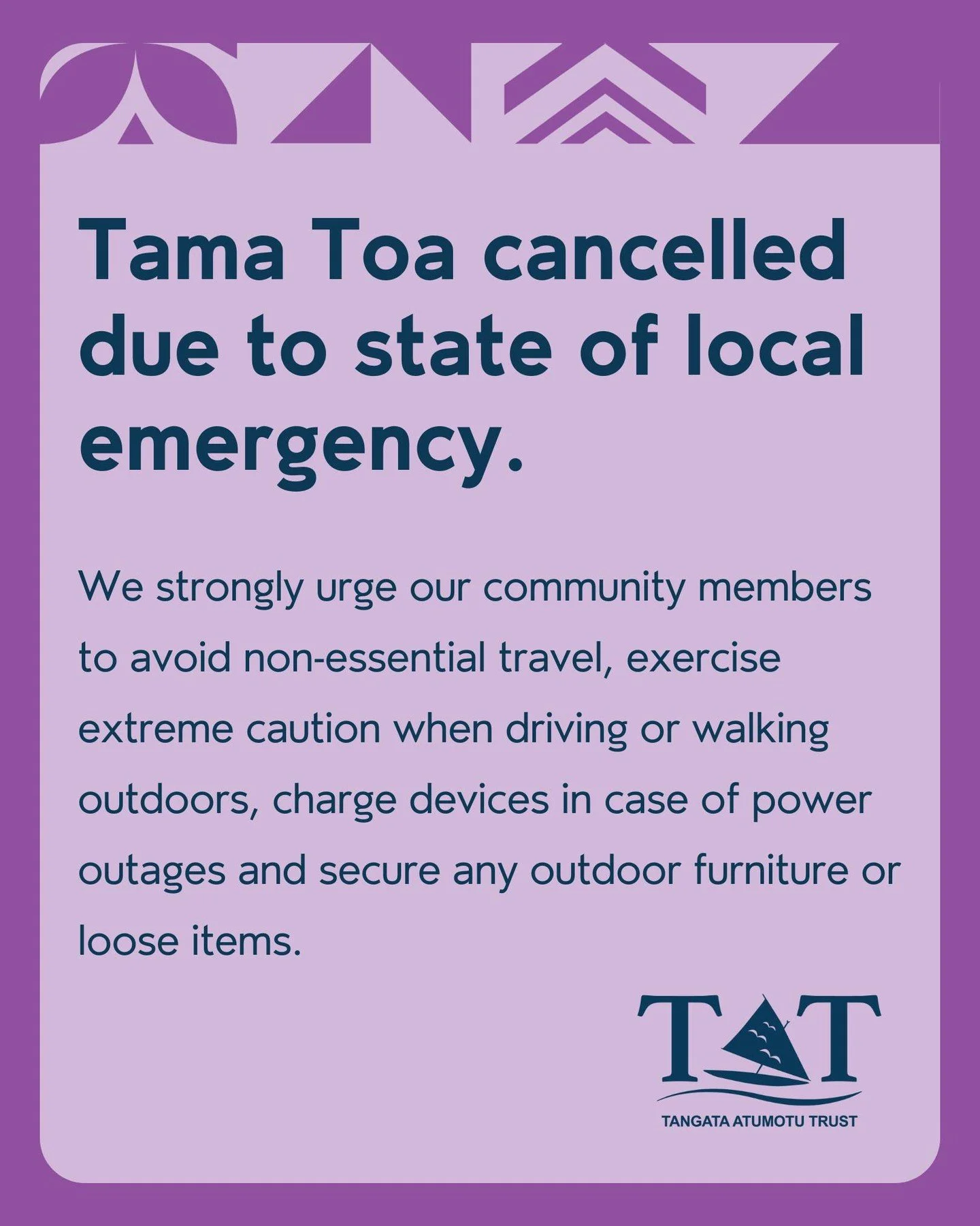 🚨 Tama Toa Cancelled 🚨
Due to the state of emergency declared for Waitaha, our usual Tama Toa Thursday programme has been cancelled. Here are some important reminders for navigating the current red warning: 
🔸Charge your devices in case of power