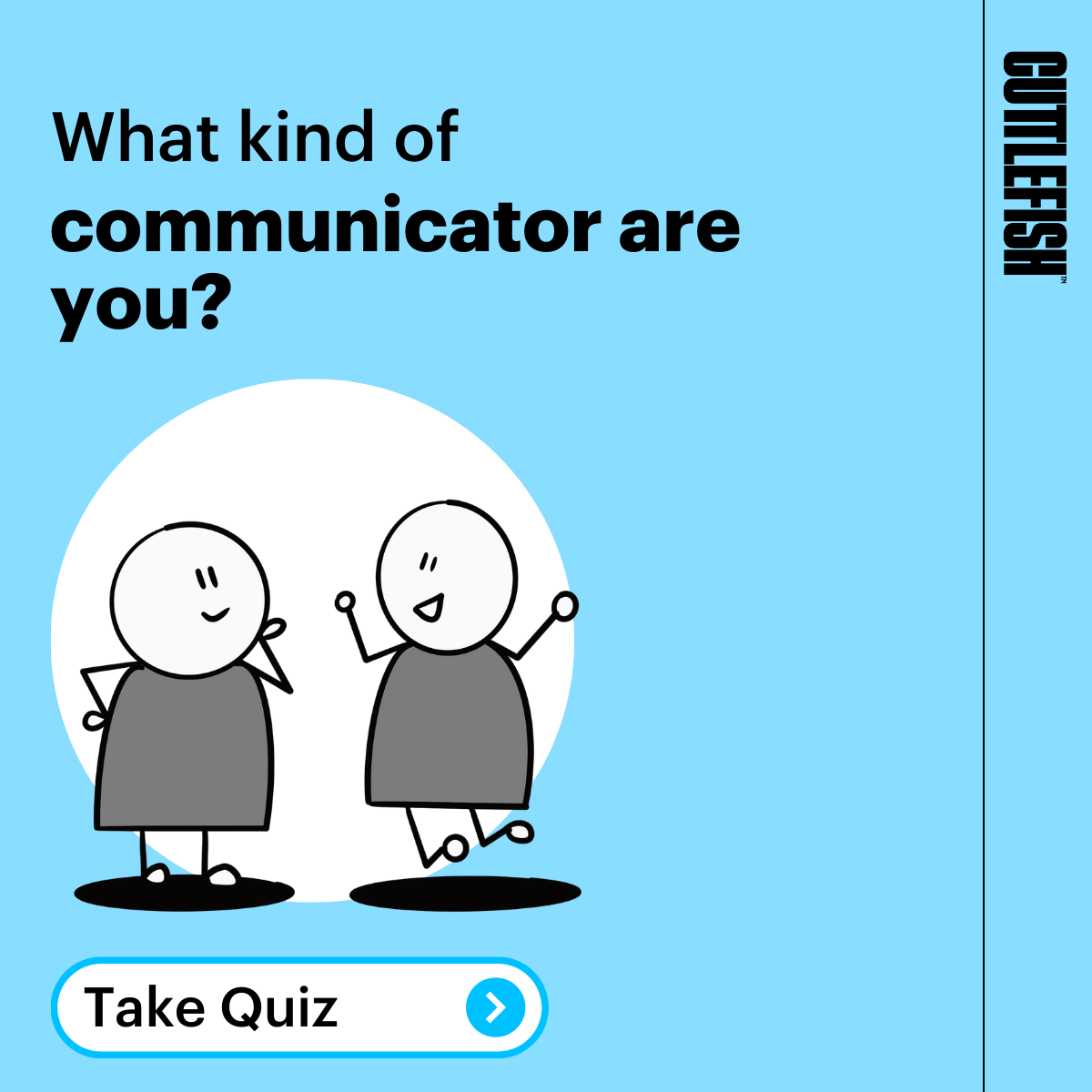 Blue tile with cartoon of one person looking thoughtful and another jumping for joy