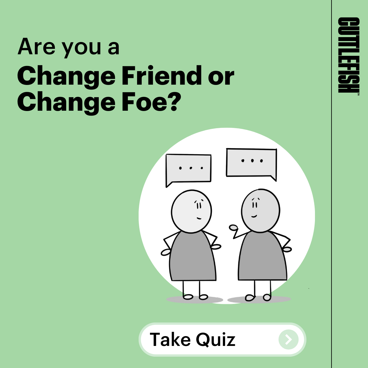 Green tile with cartoon figures talking to each other