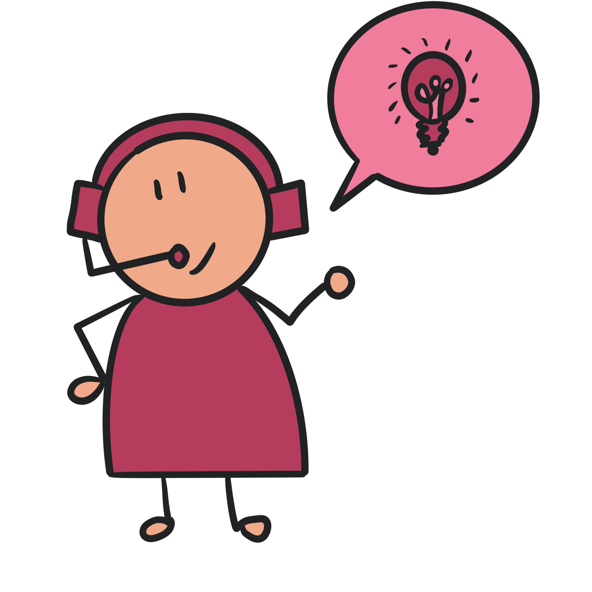 Illustration of a person wearing headphones and a mouthpiece with a callout bubble containing an idea globe.
