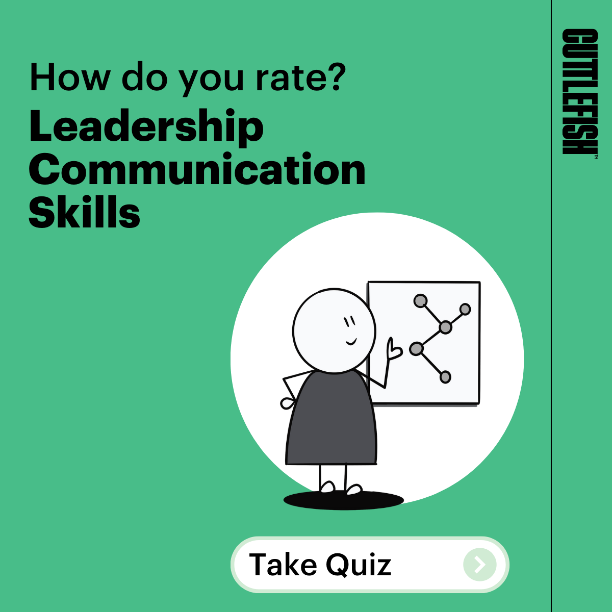 Green tile with cartoon of person smiling and looking at chart