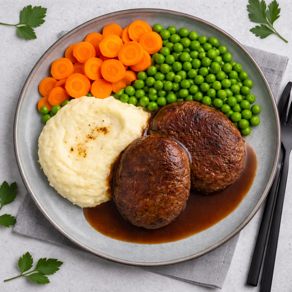 Beef Rissoles with Gravy, Creamy Mash, Steamed Vege.