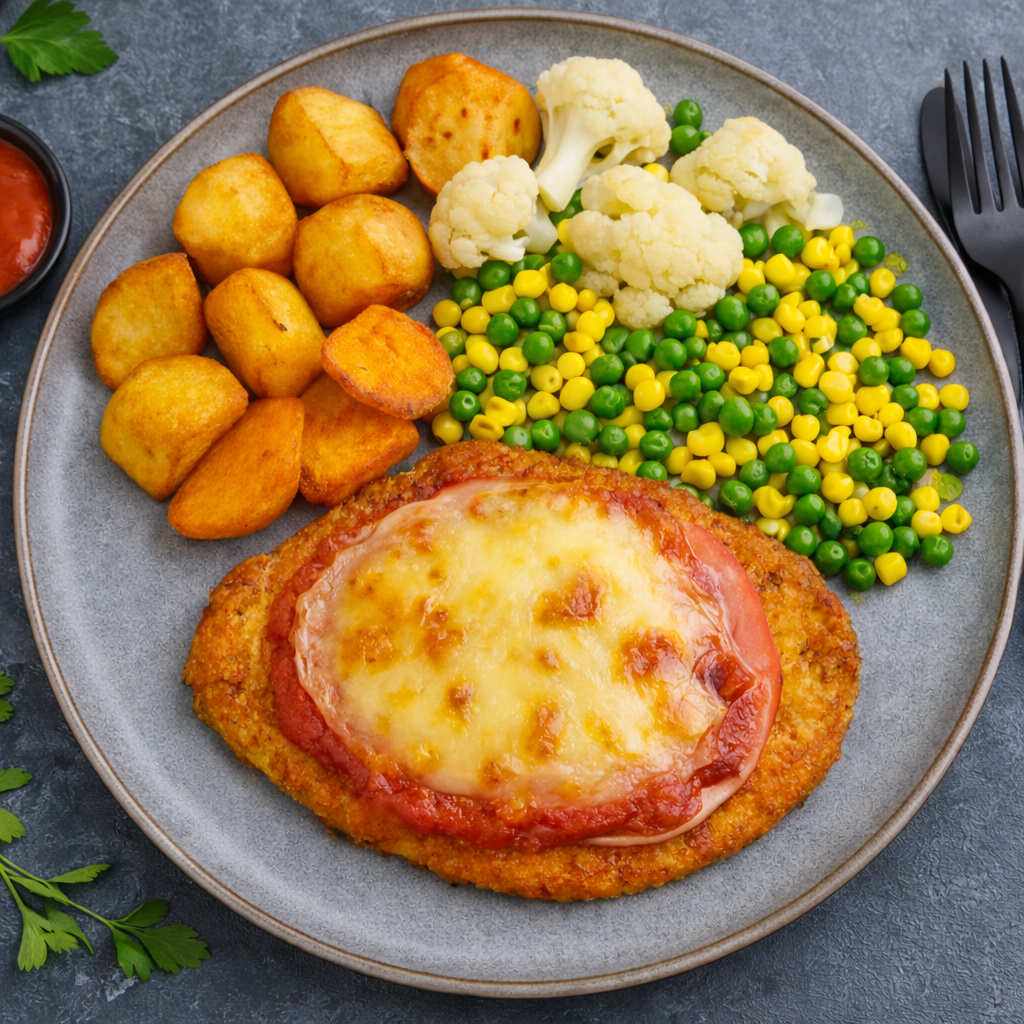 Chicken Parmigiana with Roasted Potatoes & Steamed Vegetables.