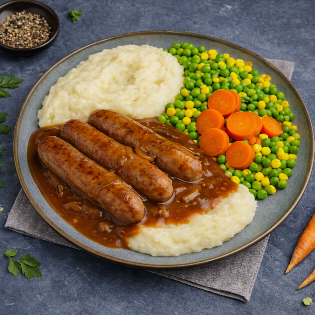 Sausages with Onion Gravy, Mash & Steamed Vegetables.