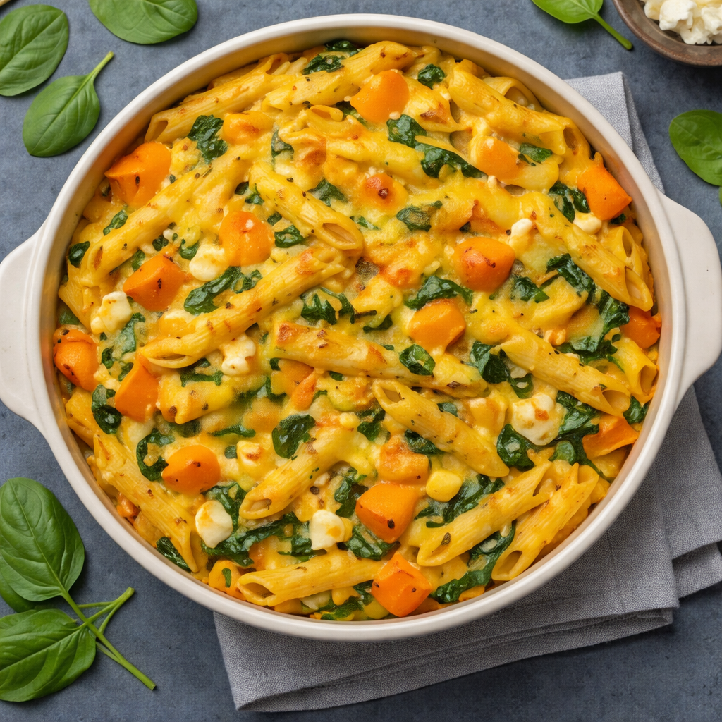 Pumpkin, Spinach & Feta Pasta Bake.