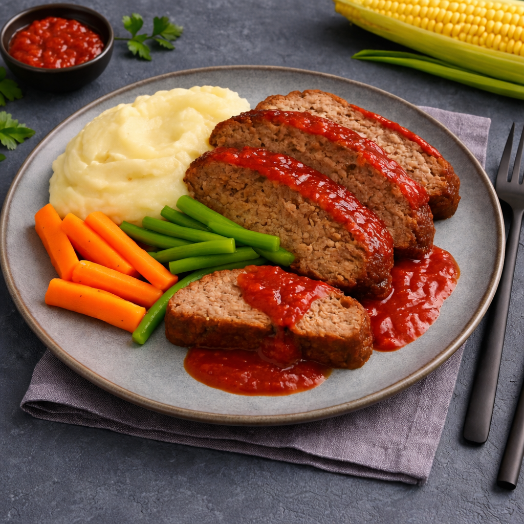 Homestyle Meatloaf with Tangy Tomato Relish, Creamy Mash & Vegetables.