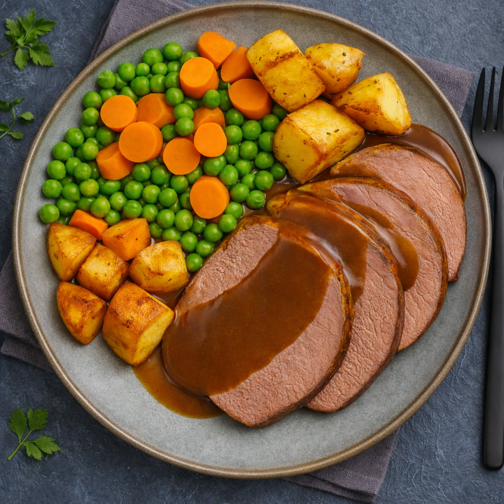 Roast Beef with Gravy, Golden Roast Potatoes & Vege