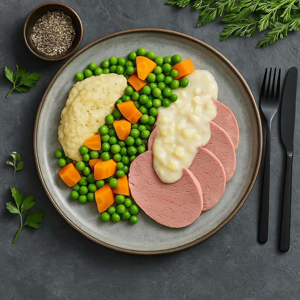 Corned Beef with White Onion Sauce, Mash & Steamed Vege.