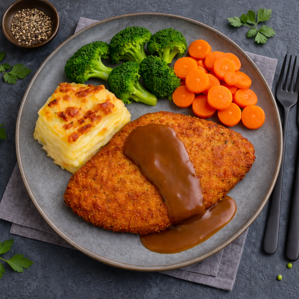 Chicken Schnitzel with Gravy, Creamy Baked Potato & Vege.