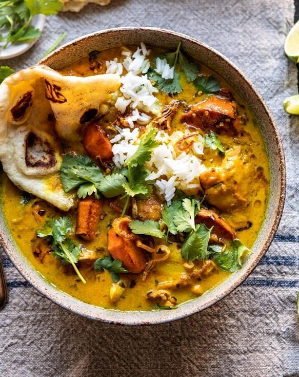 Braised Chicken in Coconut Milk with Sweet Potatoes and Rice