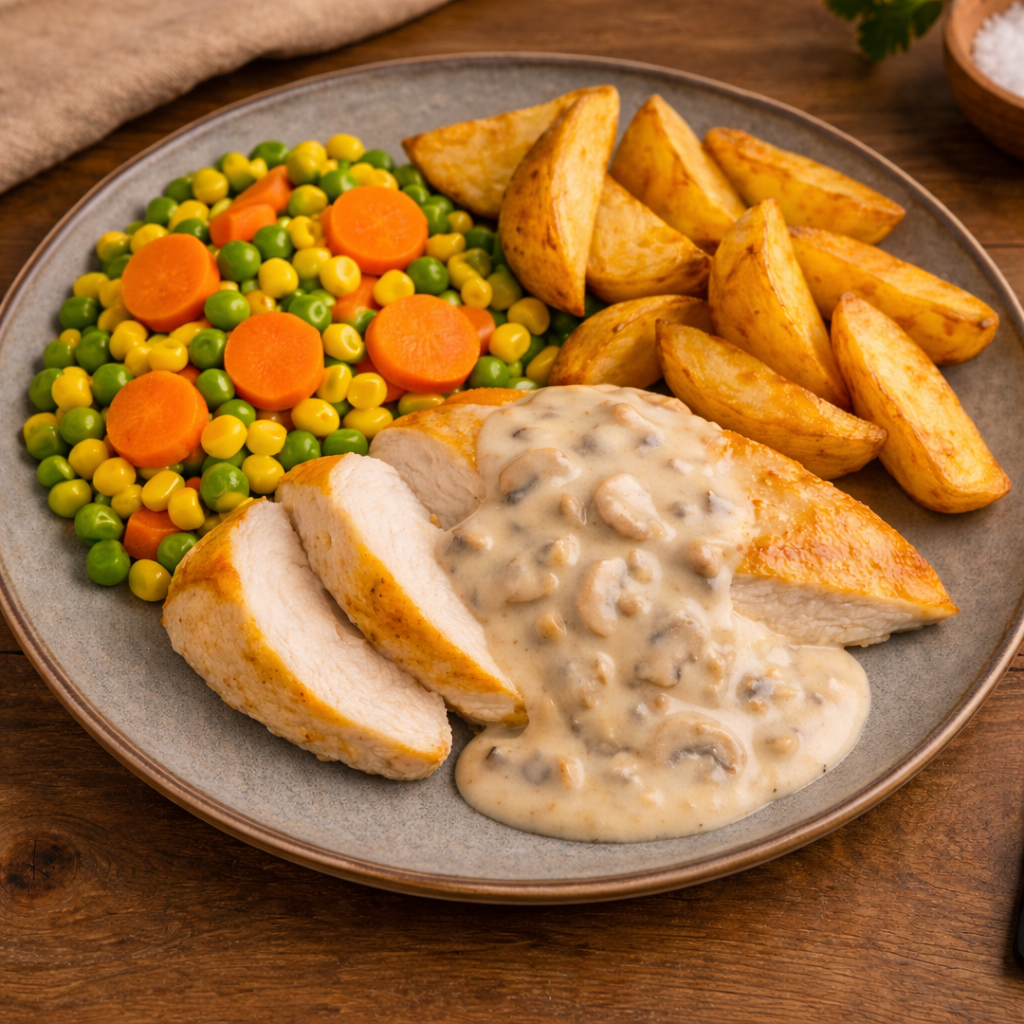 Chicken Breast in Creamy Mushroom Sauce, Baked Potatoes & Vege