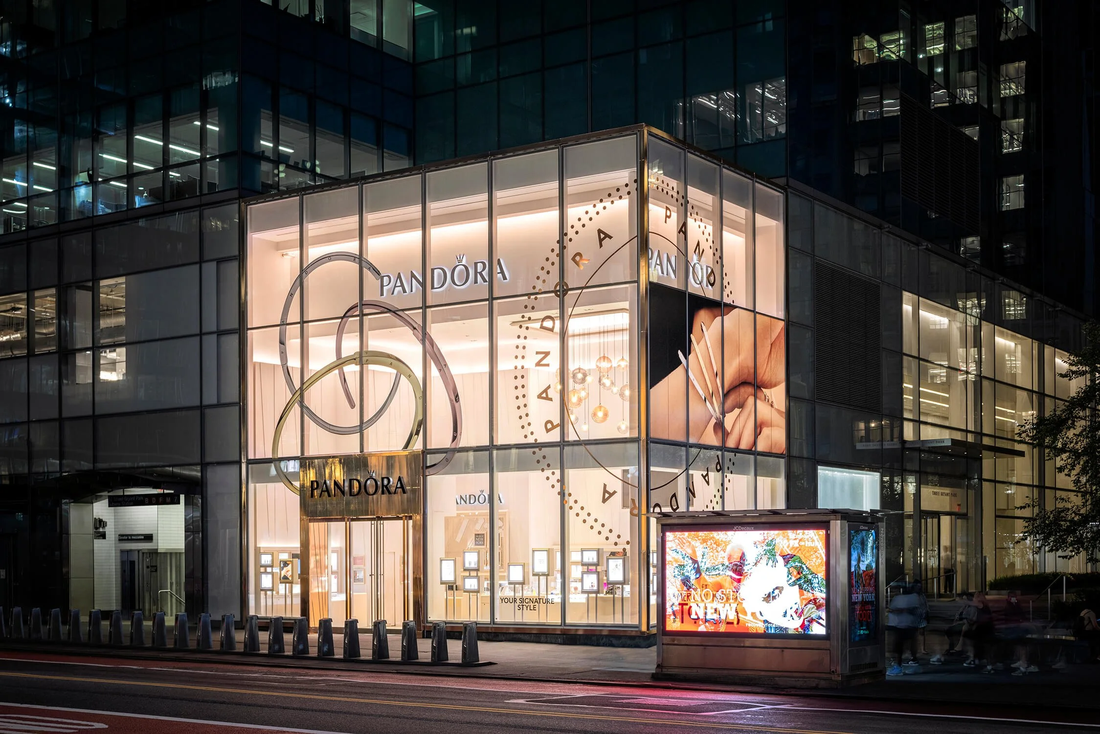 exterior of the pandora store in Times Square taken at night