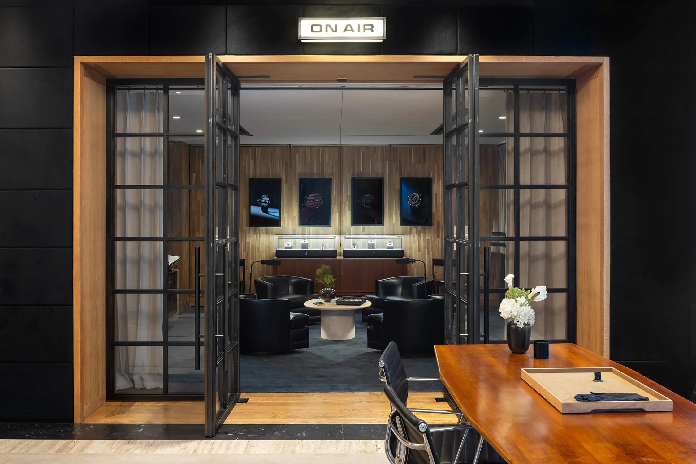 Luxury listening room viewed through steel and glass doors with ON AIR sign, 1916 Company Madison Avenue NYC, Brian Berkowitz Photography