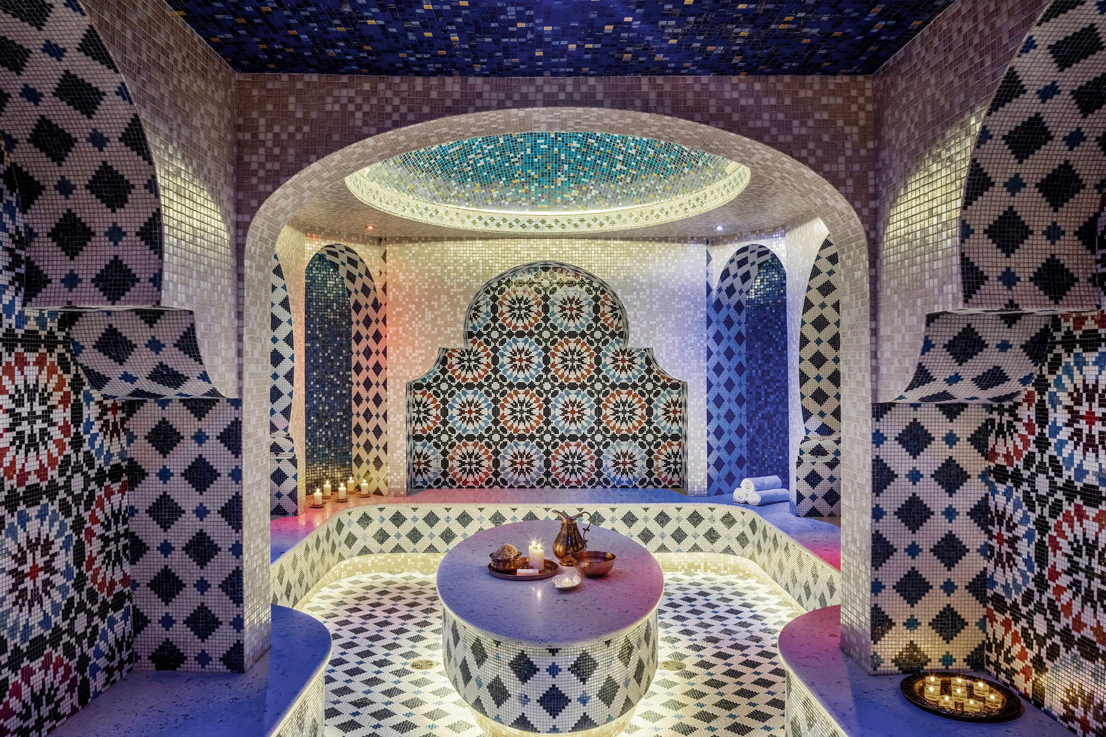 Colorful tiled hammam steam room designed for luxury spa wellness by Hospitality Photographer New York City